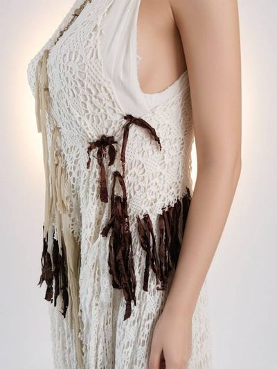 Alternate image for One of a kind Bohemian handmade cotton maxi dress with crochet and lots fringe detail