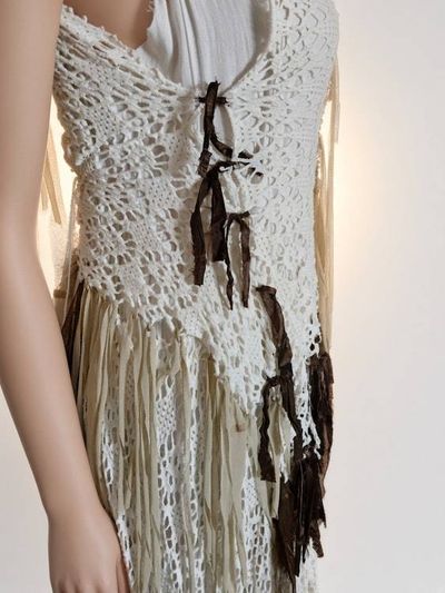 Alternate image for One of a kind Bohemian handmade cotton maxi dress with crochet and lots fringe detail