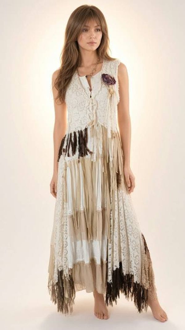 Alternate image for One of a kind Bohemian handmade cotton maxi dress with crochet and lots fringe detail