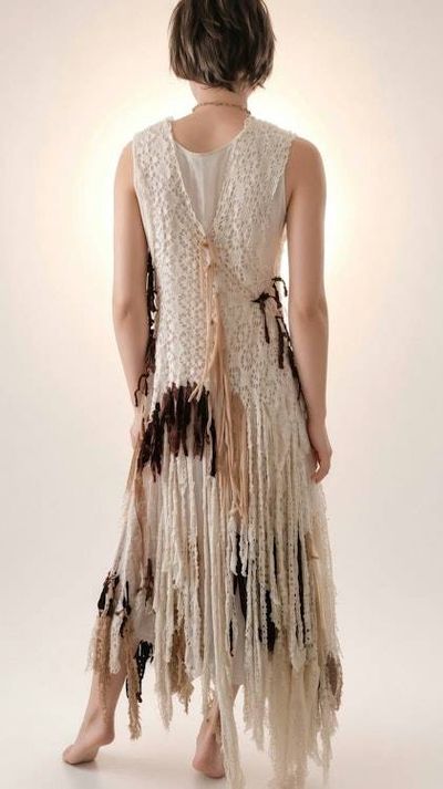 Alternate image for One of a kind Bohemian handmade cotton maxi dress with crochet and lots fringe detail