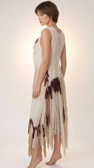 Alternate image for One of a kind Bohemian handmade cotton maxi dress with crochet and lots fringe detail