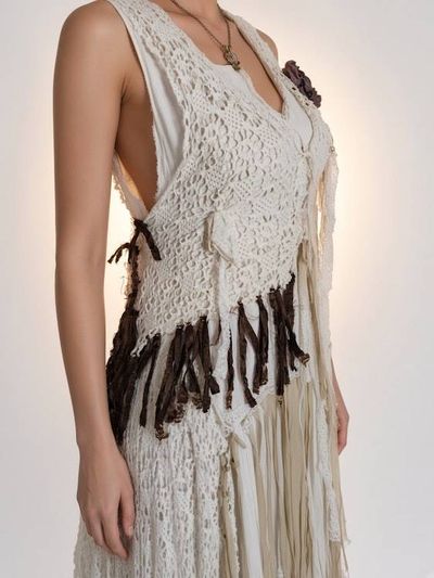 Alternate image for One of a kind Bohemian handmade cotton maxi dress with crochet and lots fringe detail