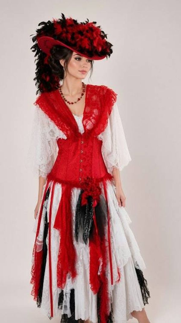 Alternate image for Red and white theatrical or Halloween Pirate costume with feathered at and layered skirt and hat