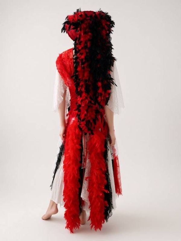 Alternate image for Red and white theatrical or Halloween Pirate costume with feathered at and layered skirt and hat