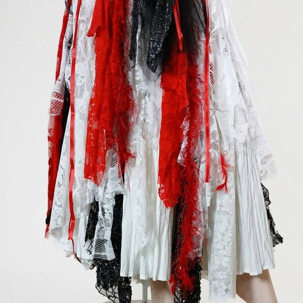 Alternate image for Red and white theatrical or Halloween Pirate costume with feathered at and layered skirt and hat