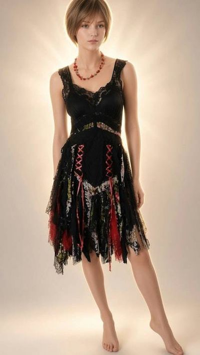 Alternate image for Handcrafted Bohemian, unique black and red lace dress with colorful asymmetric skirt