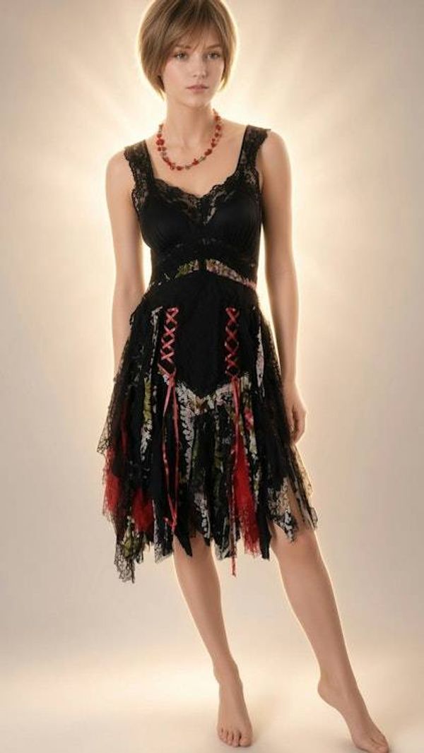 Alternate image for Handcrafted Bohemian, unique black and red lace dress with colorful asymmetric skirt