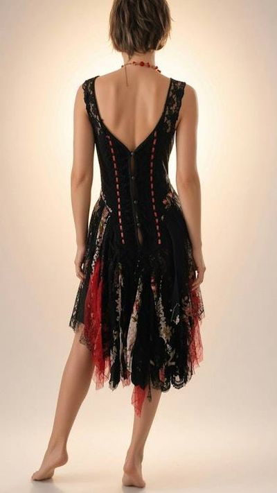 Alternate image for Handcrafted Bohemian, unique black and red lace dress with colorful asymmetric skirt
