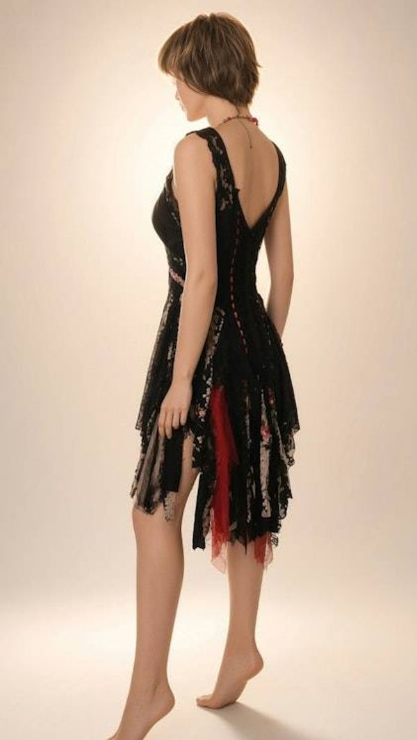Alternate image for Handcrafted Bohemian, unique black and red lace dress with colorful asymmetric skirt