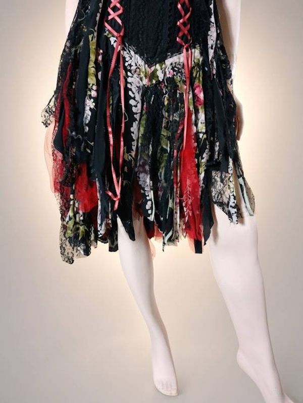 Alternate image for Handcrafted Bohemian, unique black and red lace dress with colorful asymmetric skirt