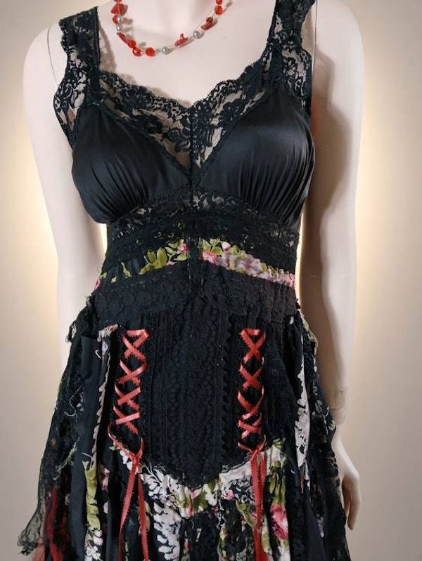 Alternate image for Handcrafted Bohemian, unique black and red lace dress with colorful asymmetric skirt