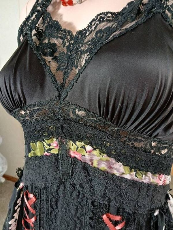 Alternate image for Handcrafted Bohemian, unique black and red lace dress with colorful asymmetric skirt