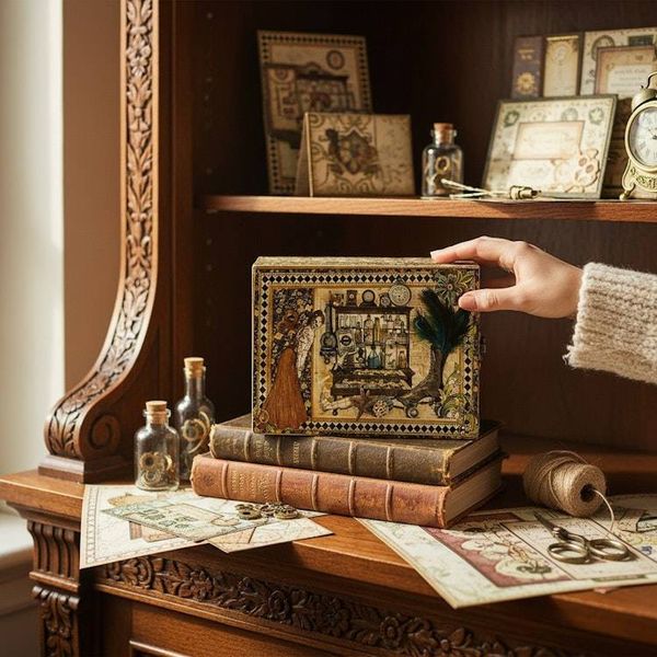 Alternate image for Handcrafted Olde Curiosity Shoppe Wooden Treasure Box Altered Paper Art Creation