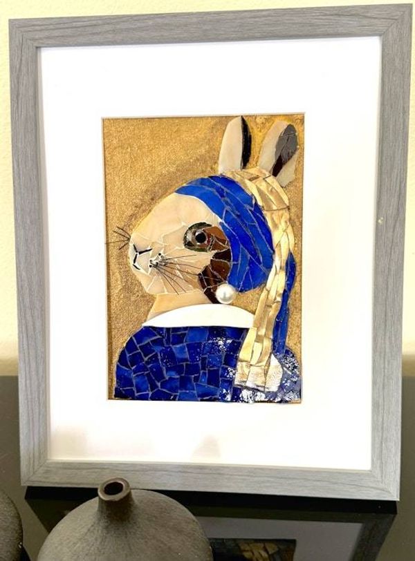 Alternate image for Bunny with a pearl earring mosaic after the famous Vermeer painting,  fun decor for any room, gift, unique, original, contemporary handmade