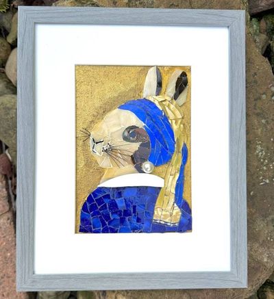 Alternate image for Bunny with a pearl earring mosaic after the famous Vermeer painting,  fun decor for any room, gift, unique, original, contemporary handmade