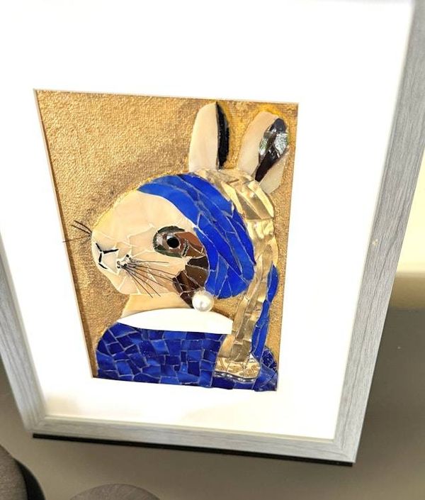 Alternate image for Bunny with a pearl earring mosaic after the famous Vermeer painting,  fun decor for any room, gift, unique, original, contemporary handmade