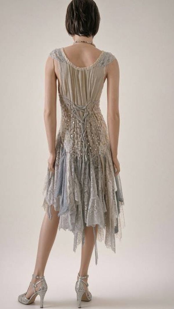Alternate image for Vintage-Inspired handkerchief hem crochet lace dress in ethereal white, silver & grey sparkles
