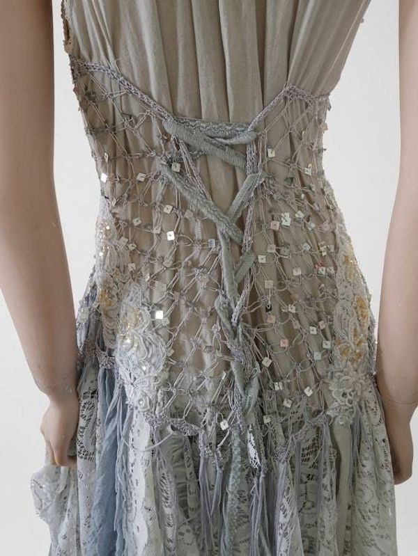 Alternate image for Vintage-Inspired handkerchief hem crochet lace dress in ethereal white, silver & grey sparkles