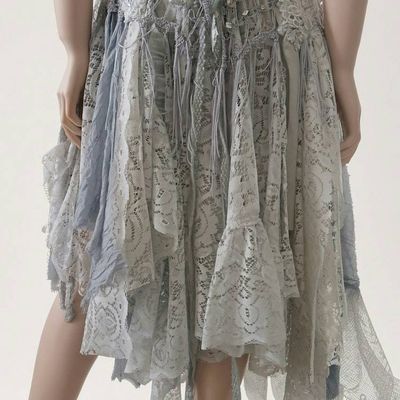 Alternate image for Vintage-Inspired handkerchief hem crochet lace dress in ethereal white, silver & grey sparkles