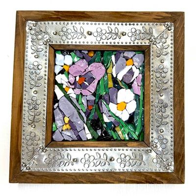 Alternate image for Mini Italian Smalti Mosaic Art: Purple, Pink and Purple Flowers, small wall decor, unique, modern art
