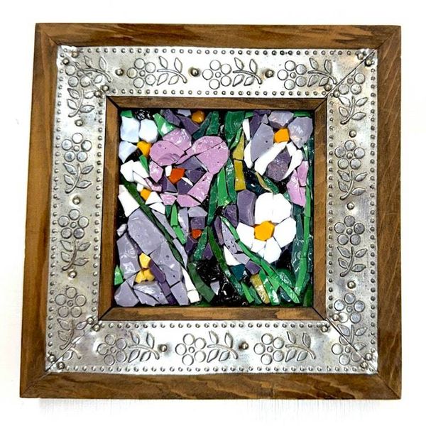 Alternate image for Mini Italian Smalti Mosaic Art: Purple, Pink and Purple Flowers, small wall decor, unique, modern art