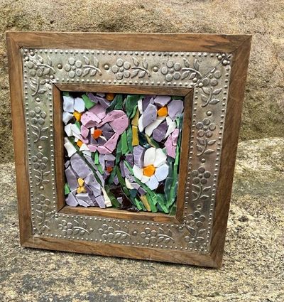 Alternate image for Mini Italian Smalti Mosaic Art: Purple, Pink and Purple Flowers, small wall decor, unique, modern art