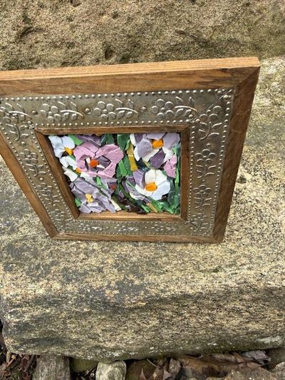 Alternate image for Mini Italian Smalti Mosaic Art: Purple, Pink and Purple Flowers, small wall decor, unique, modern art