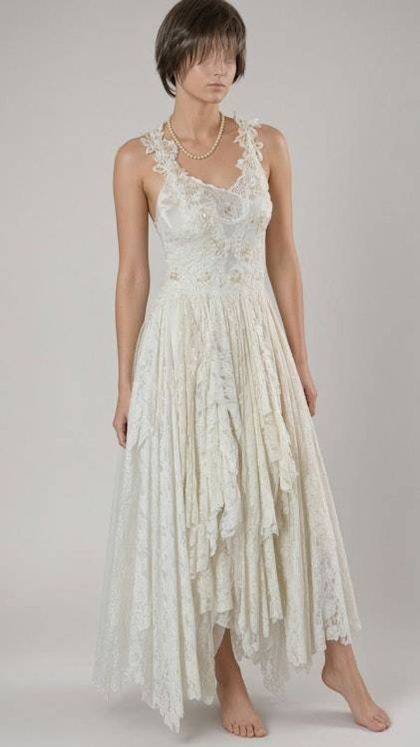Alternate image for Handcrafted ivory lace & tulle Bohemian wedding dress with corset style lace up back