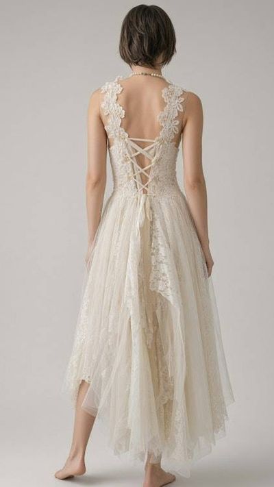 Alternate image for Handcrafted ivory lace & tulle Bohemian wedding dress with corset style lace up back