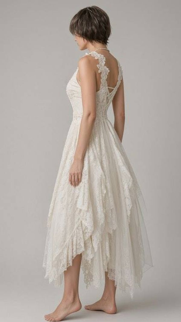 Alternate image for Handcrafted ivory lace & tulle Bohemian wedding dress with corset style lace up back
