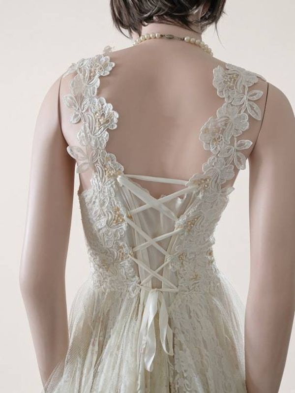 Alternate image for Handcrafted ivory lace & tulle Bohemian wedding dress with corset style lace up back
