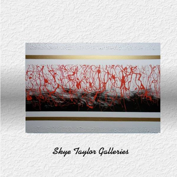 Alternate image for Chicago Jazz: Large Abstract Red & Black Splatter Painting with Textured Gold Accents (36 x 24)