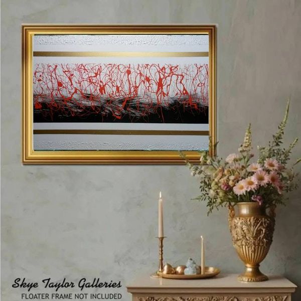 Alternate image for Chicago Jazz: Large Abstract Red & Black Splatter Painting with Textured Gold Accents (36 x 24)
