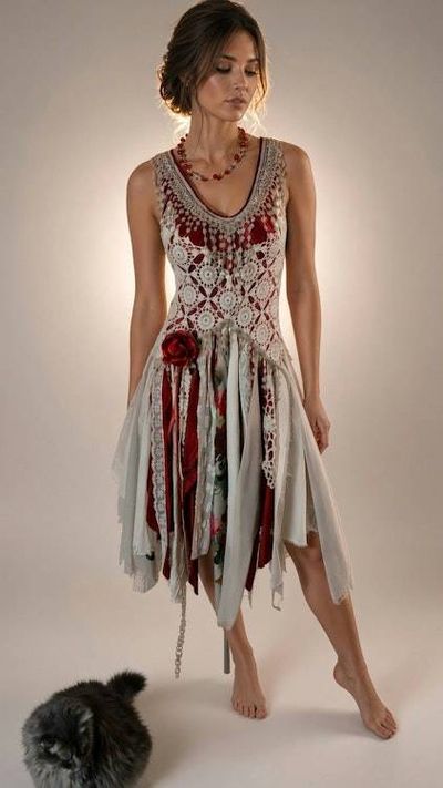 Alternate image for Handcrafted Bohemian red and grey embellished dress with asymmetric shabby hem with fringe