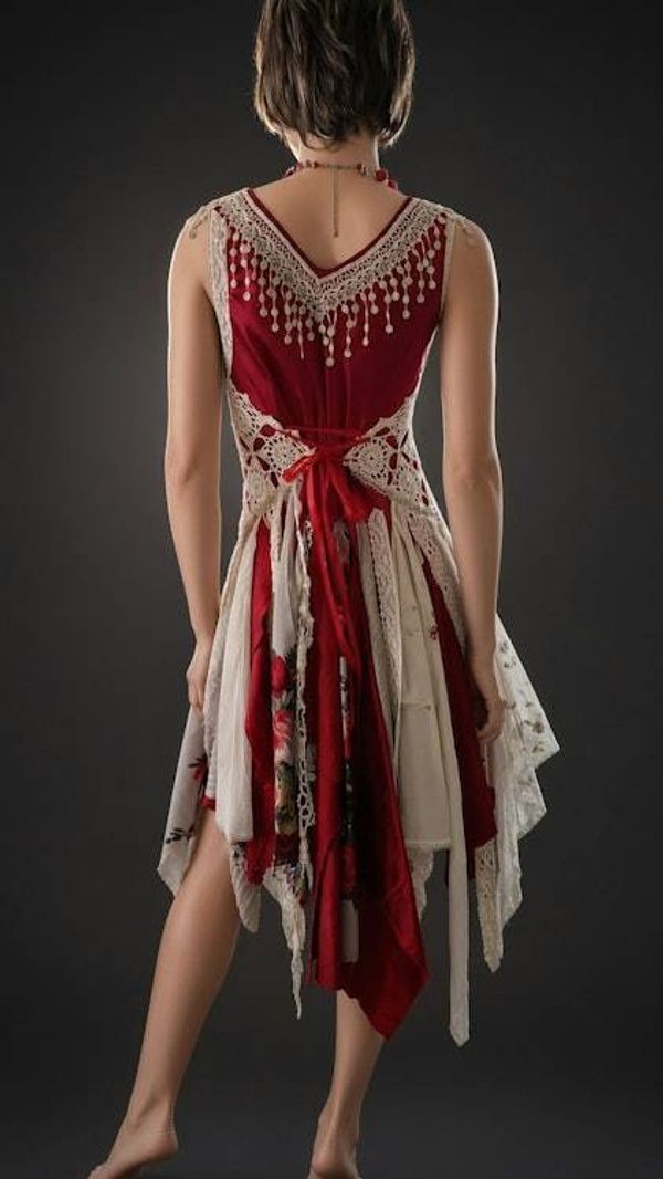 Alternate image for Handcrafted Bohemian red and grey embellished dress with asymmetric shabby hem with fringe
