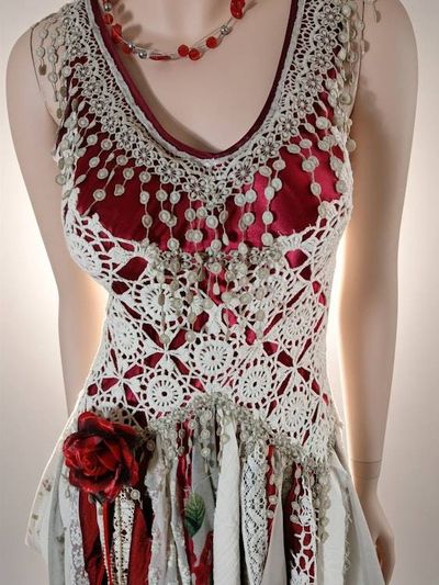 Alternate image for Handcrafted Bohemian red and grey embellished dress with asymmetric shabby hem with fringe