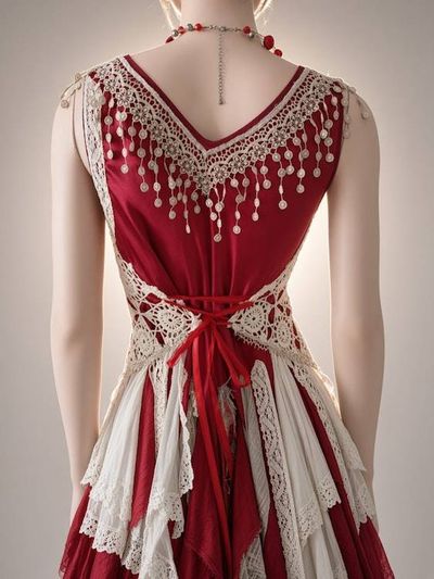 Alternate image for Handcrafted Bohemian red and grey embellished dress with asymmetric shabby hem with fringe