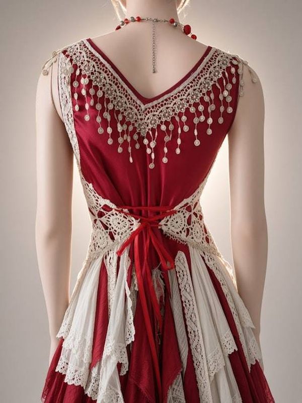Alternate image for Handcrafted Bohemian red and grey embellished dress with asymmetric shabby hem with fringe