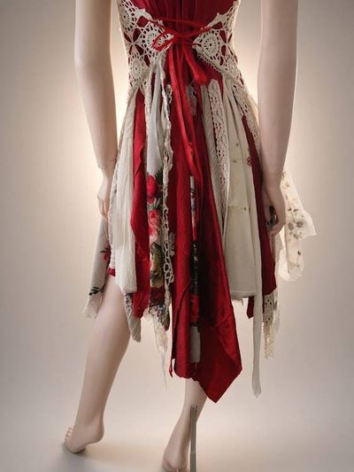 Alternate image for Handcrafted Bohemian red and grey embellished dress with asymmetric shabby hem with fringe