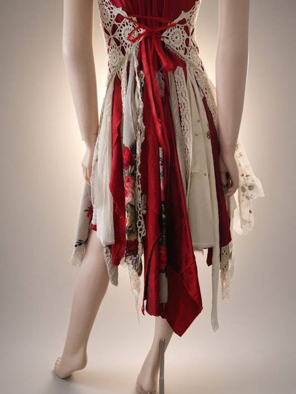 Alternate image for Handcrafted Bohemian red and grey embellished dress with asymmetric shabby hem with fringe