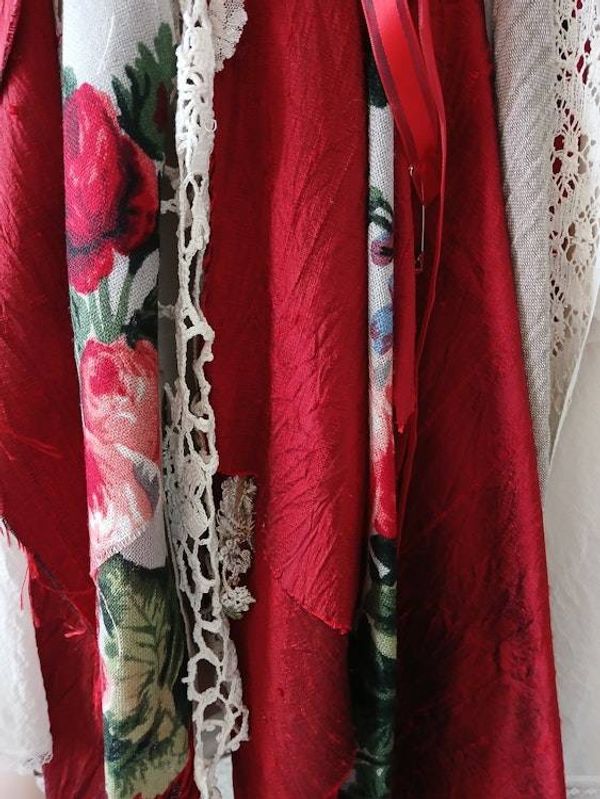 Alternate image for Handcrafted Bohemian red and grey embellished dress with asymmetric shabby hem with fringe