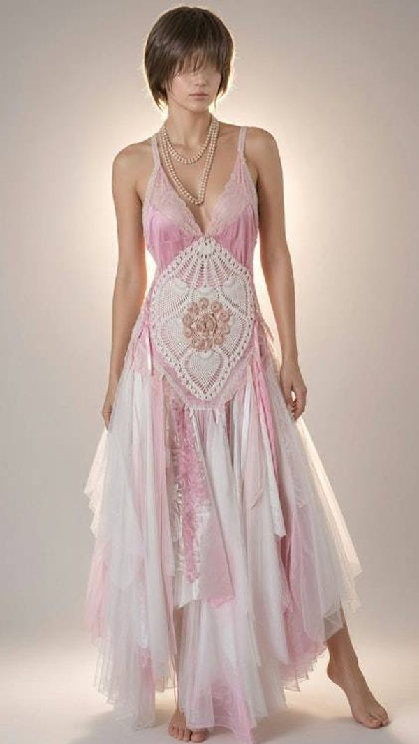 Alternate image for Ethereal pink and white handcrafted crochet bodice maxi dress with layered tulle skirt