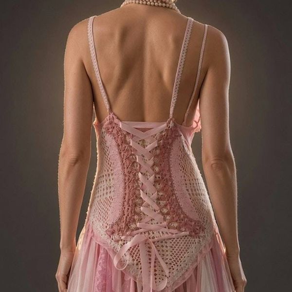 Alternate image for Ethereal pink and white handcrafted crochet bodice maxi dress with layered tulle skirt