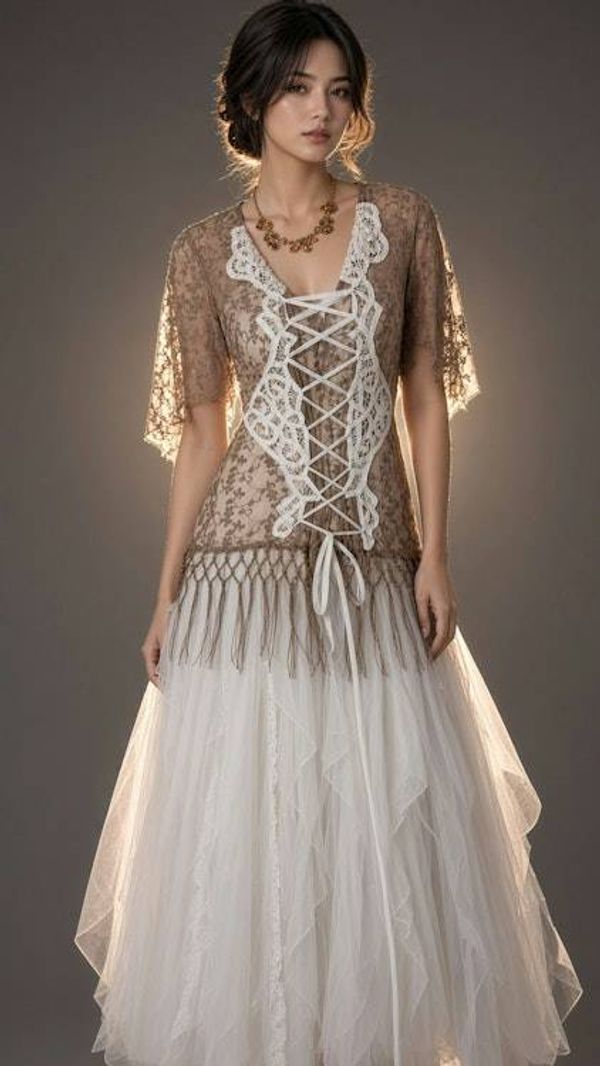 Alternate image for Artisan ethereal brown and white lace-up corset bodice with flowing tulle skirt ensemble