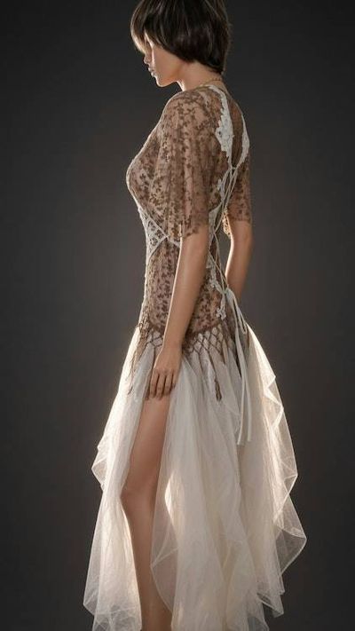 Alternate image for Artisan ethereal brown and white lace-up corset bodice with flowing tulle skirt ensemble