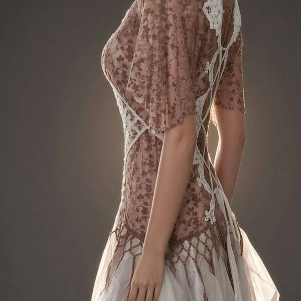 Alternate image for Artisan ethereal brown and white lace-up corset bodice with flowing tulle skirt ensemble