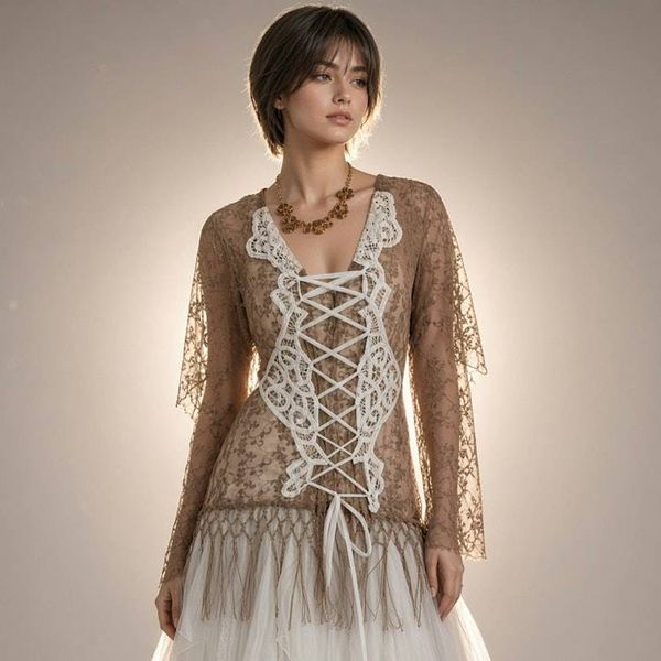 Alternate image for Artisan ethereal brown and white lace-up corset bodice with flowing tulle skirt ensemble