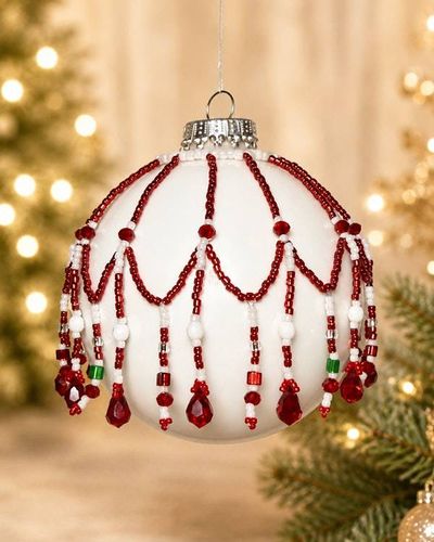 Alternate image for Handmade Beaded Christmas Ornament Cover – Holiday Heirloom Red & White Design