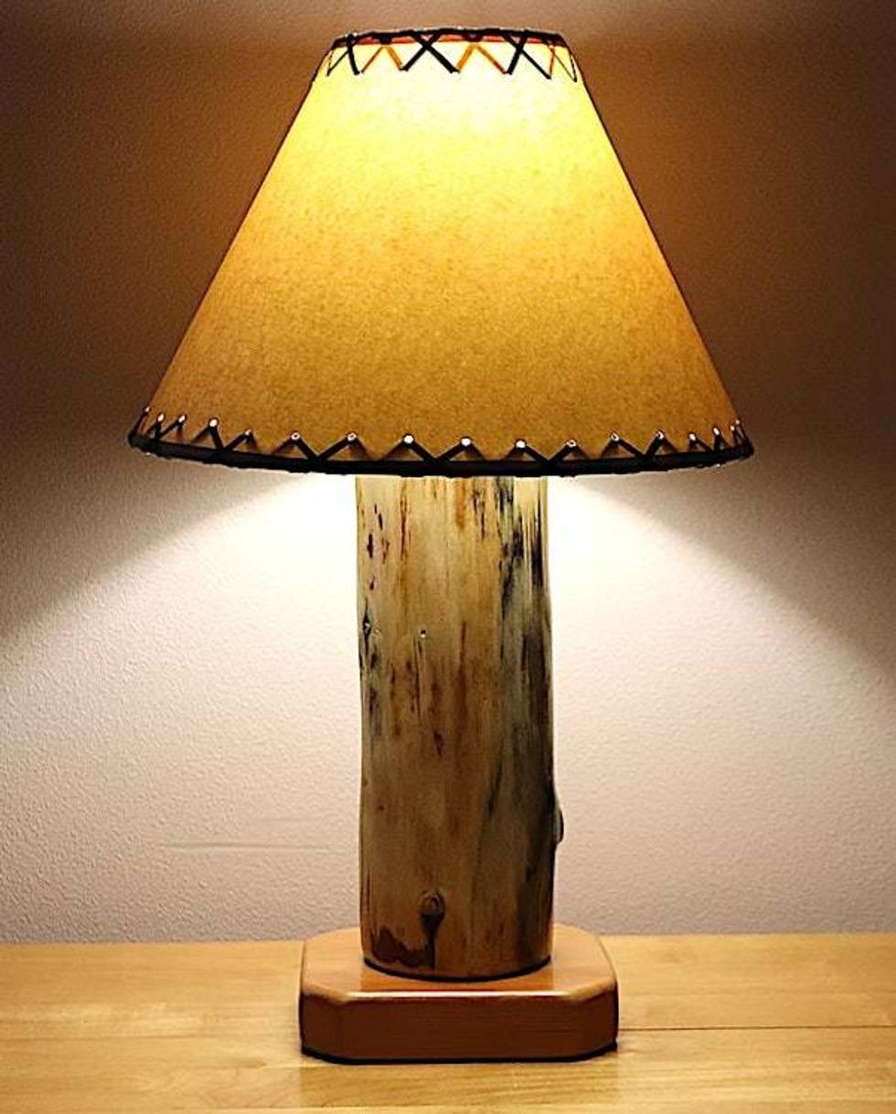 Sawtooth Rustic Log Table Lamp – Handmade in Idaho with 14″ Parchment Shade