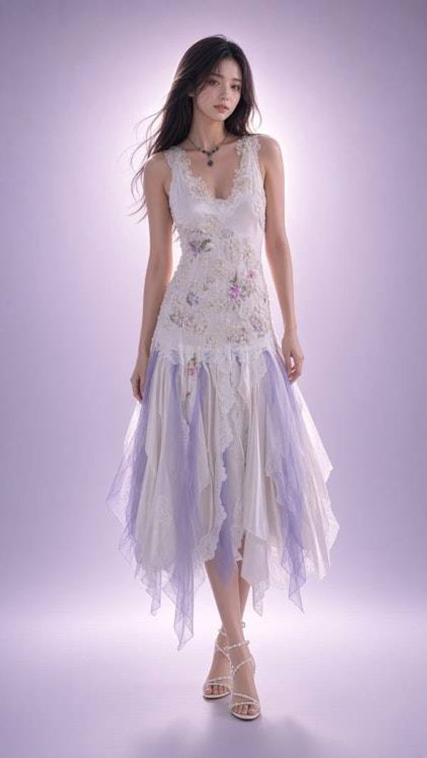Alternate image for Handcrafted fairy-tale dress with corset back and asymmetrical hem in Lavender and white